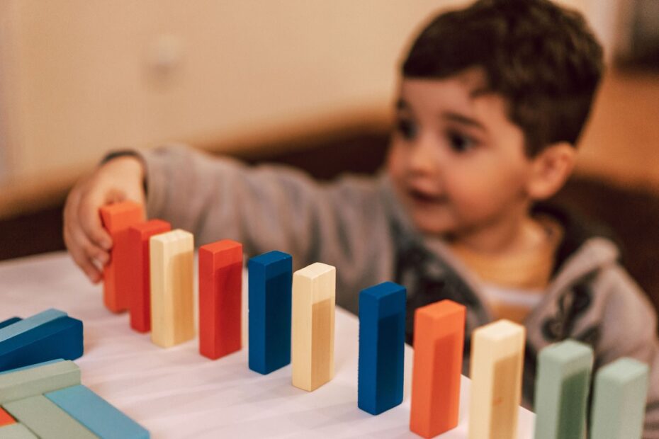 BPC/LOAS para autismo 2026: requisitos, nível 1 e documentos 1 Criança enfileirando blocos de madeira coloridos